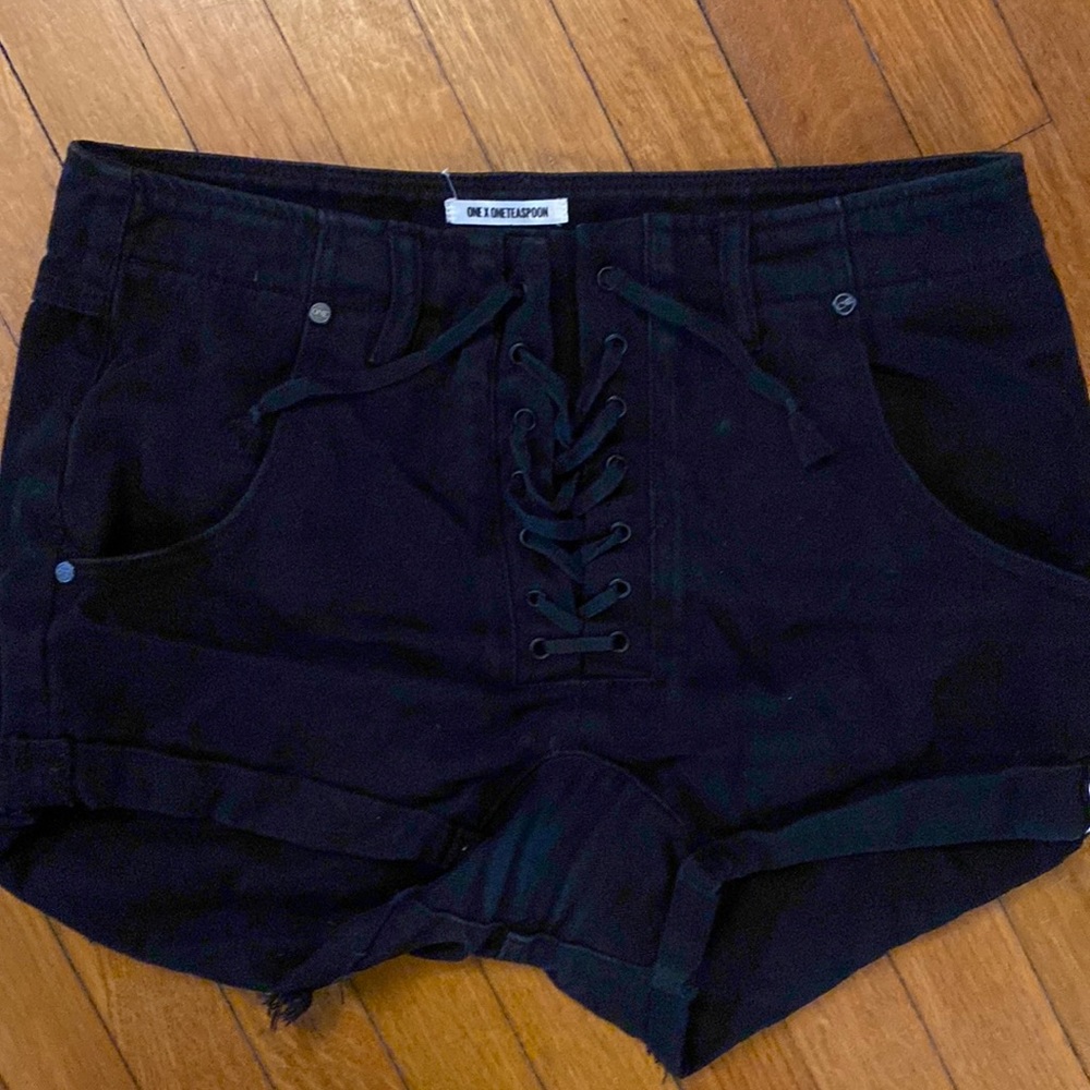 One Teaspoon black denim lace up shorts